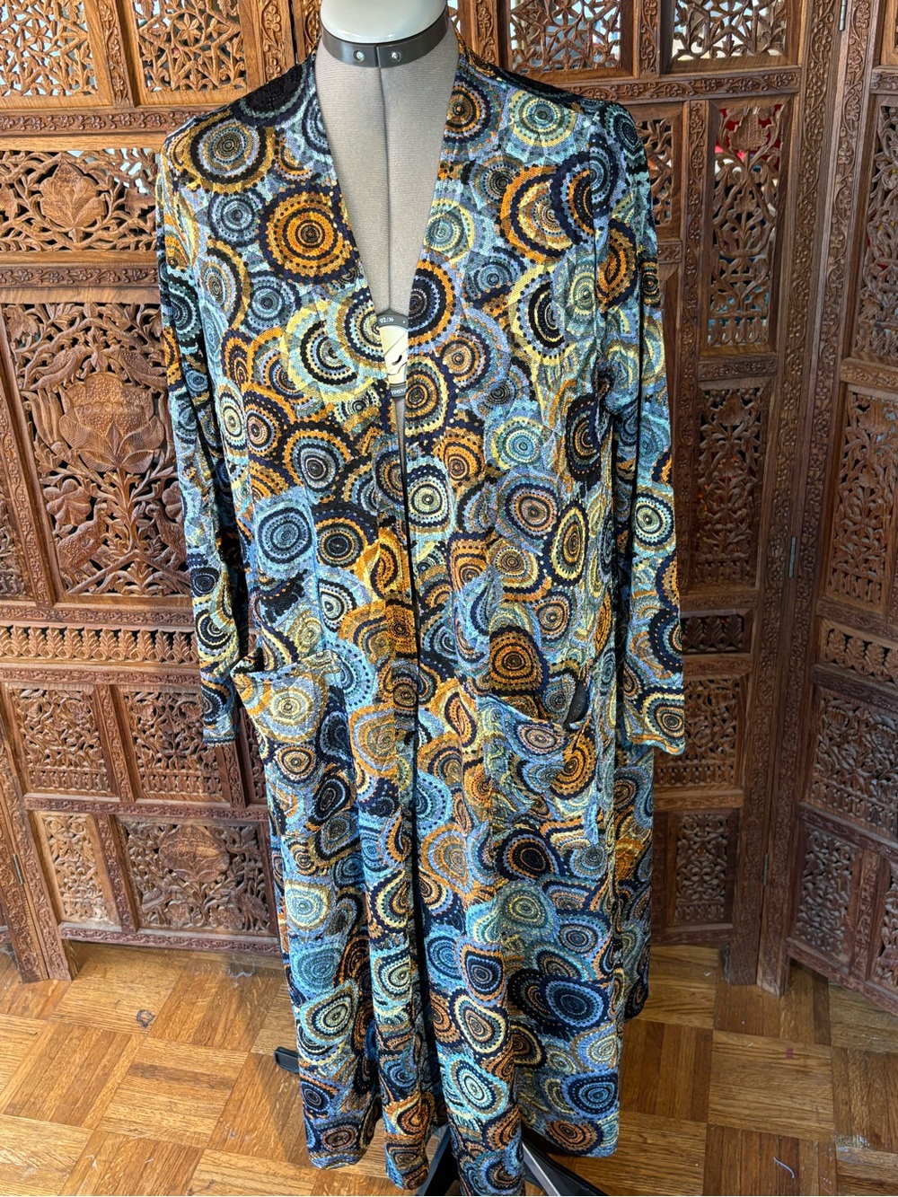 LuLaRoe Maxi Duster in Blue, Gold & Black Circular Print